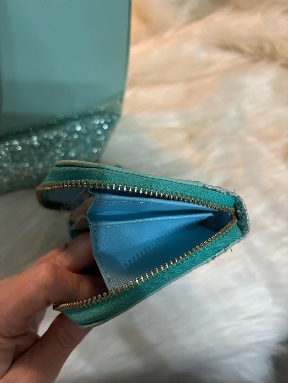 kate spade mint green tote with glitter trim and matching wallet